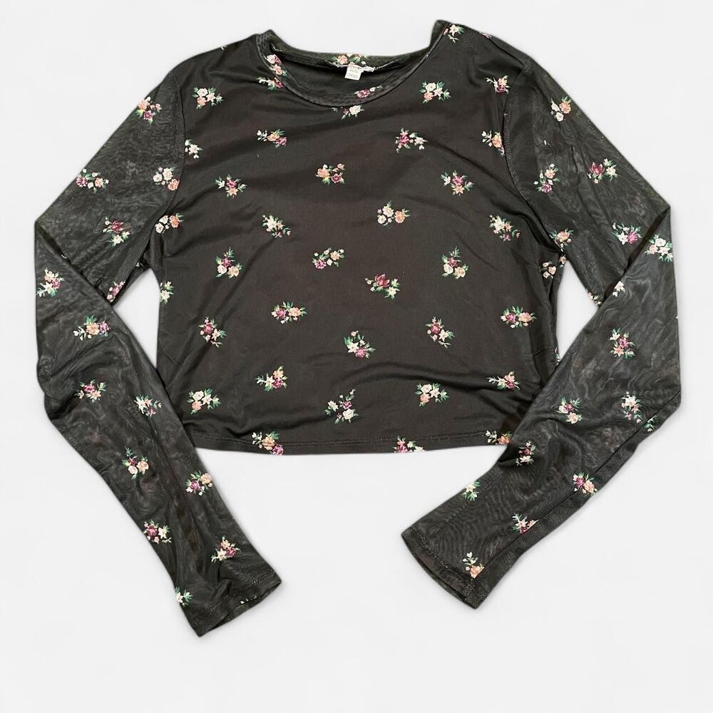 Lovely Girl Women’s Y2K rave black mesh long sleeve top pink/white floral print